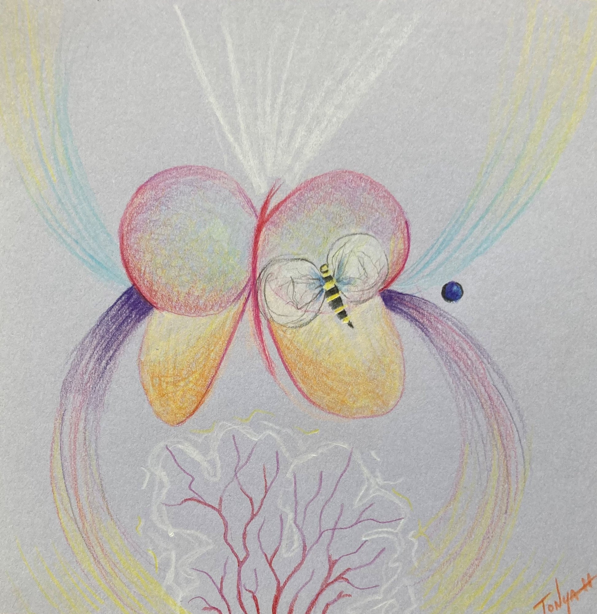 A psychic art reading sketched in colored pencils of a butterfly and a bee over the top of coral. With a large infinity sign in the background by visionary artist Tonya Henderson.