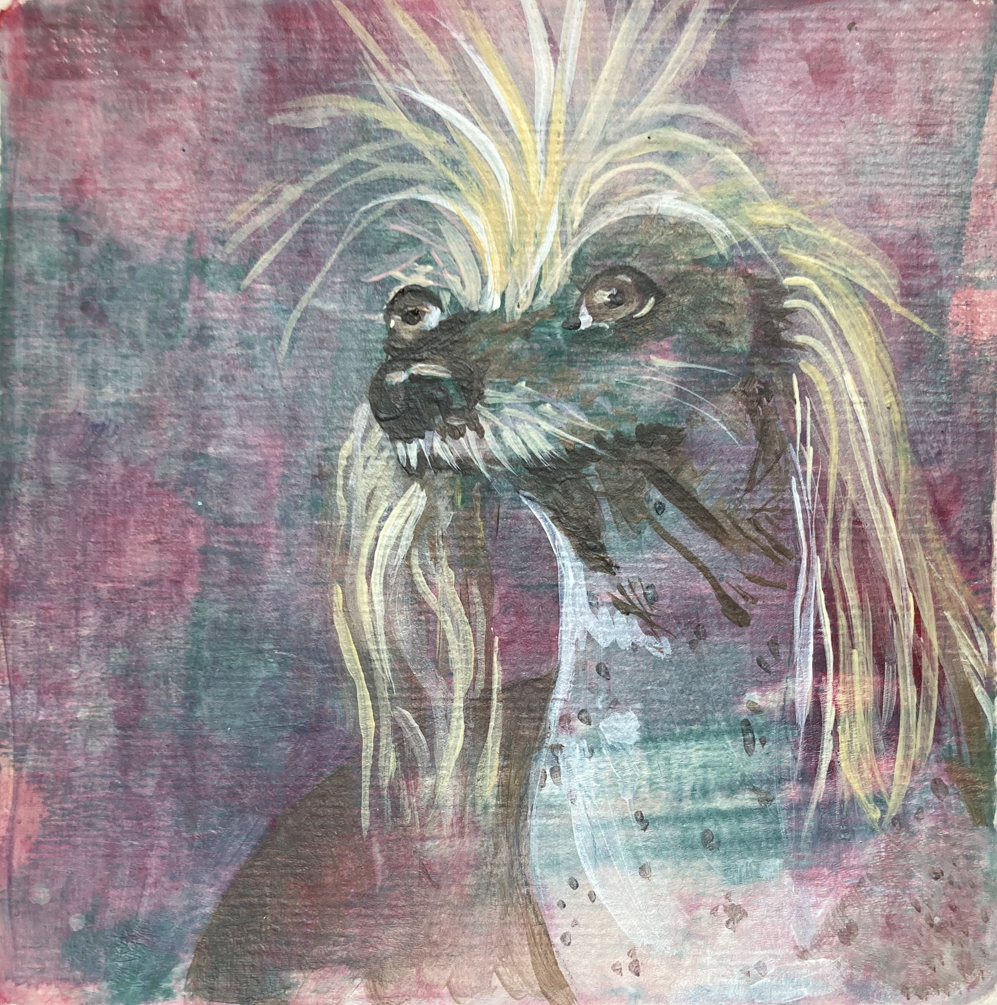 An acrylic painting of a Chinese Crested Dog with a detailed and colorful mane over a purple and green background by Tonya Henderson.