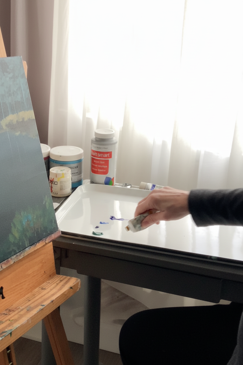 Artist Tonya Henderson holding a small container of paint over a white palette tray with art supplies on a table.