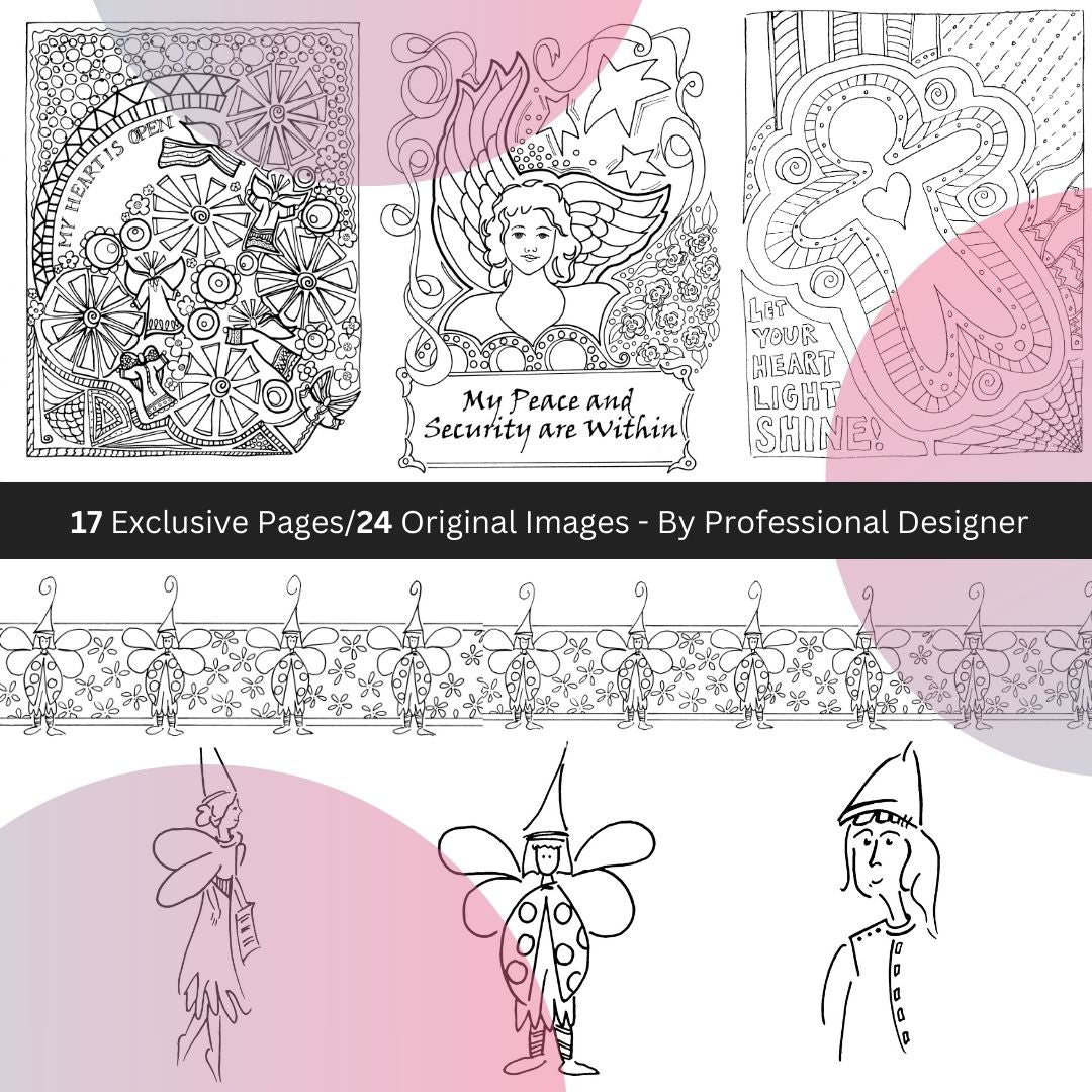 Six ink drawings of angels, elfs, flowers and shapes with intricate patterns desinged by artist Tonya Henderson for exclusive coloring book.