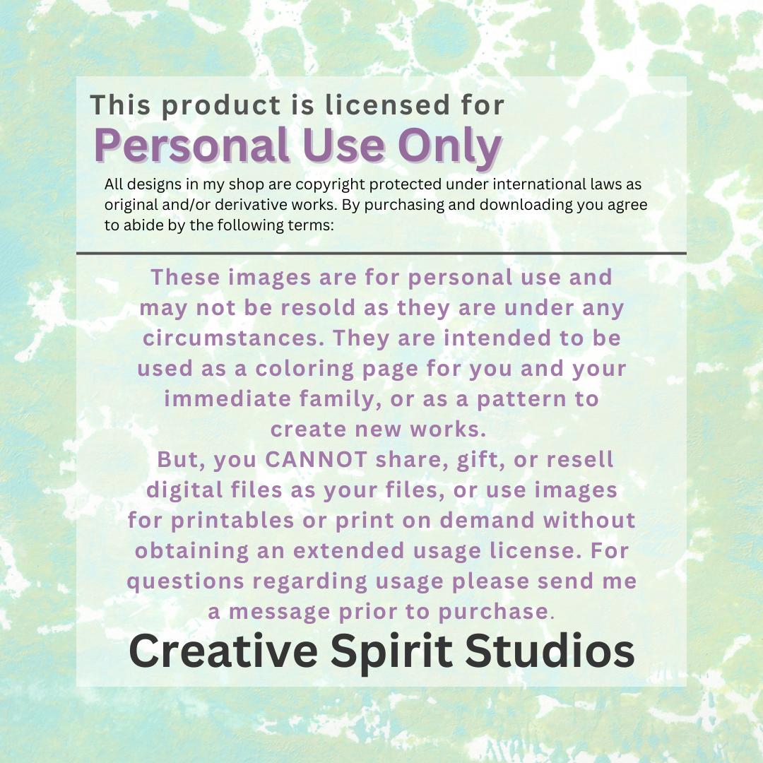 Graphic sharing personal use terms for coloring book pages exclusive to Tonya Henderson of Creative Spirit Studios.