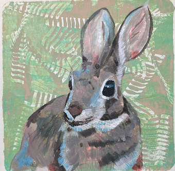 Artistic illustration of a brown rabbit on a green textured gelli plate background. An original painting by Michigan artist Tonya Henderson.