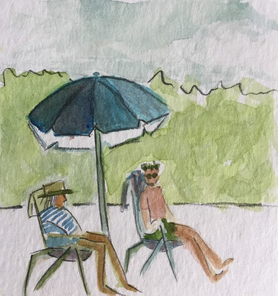 Original watercolor painting of two people sitting in lawn chairs with an umbrella stuck in the sand with a green hedge in the background by Tonya Henderson.