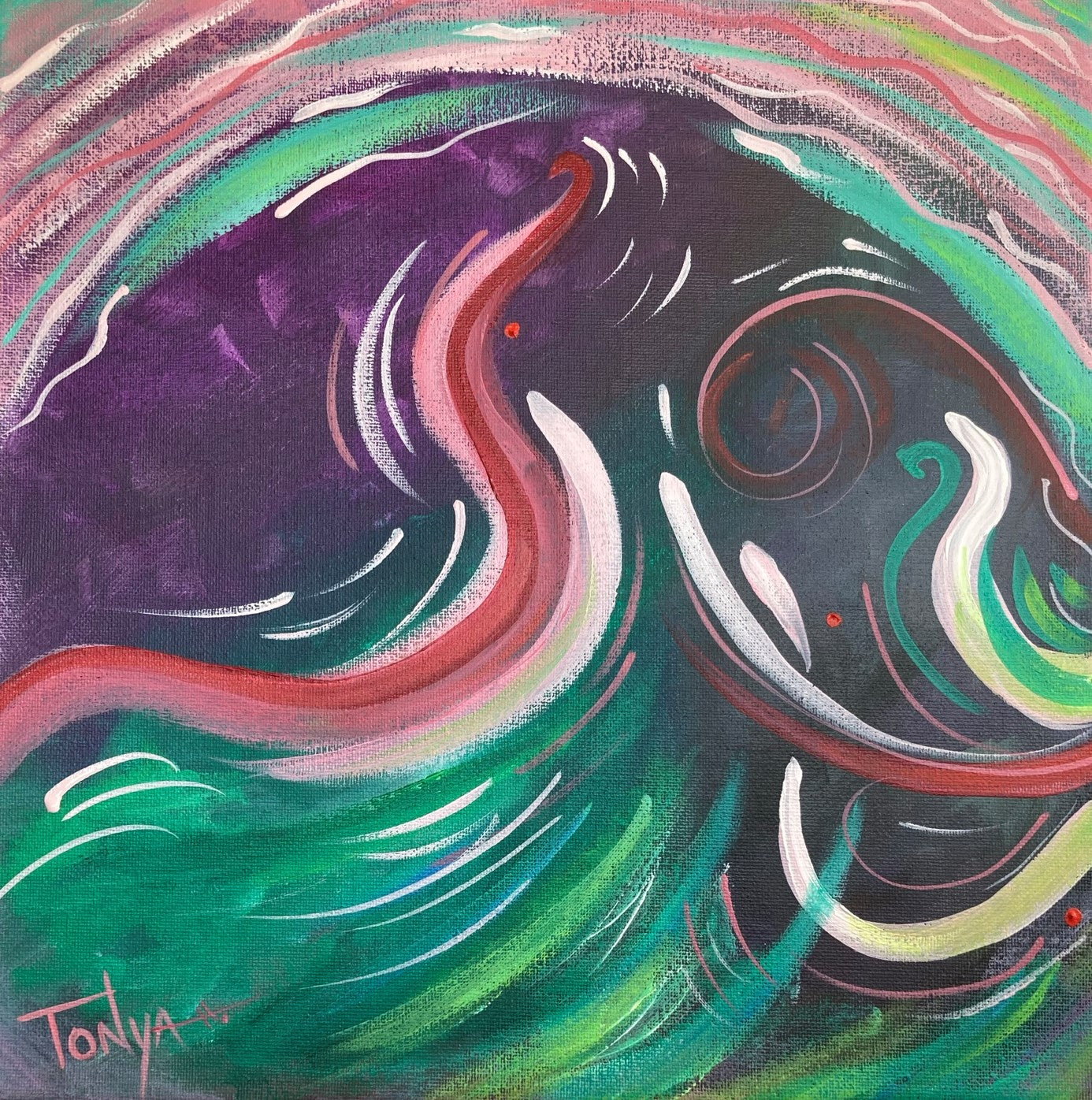 A 12x12 inch acrylic Personal Energy Portrait painting on canvas featuring a vibrant, abstract portrait with a mix of green, red, and white colors, signed by the artist Tonya Henderson.