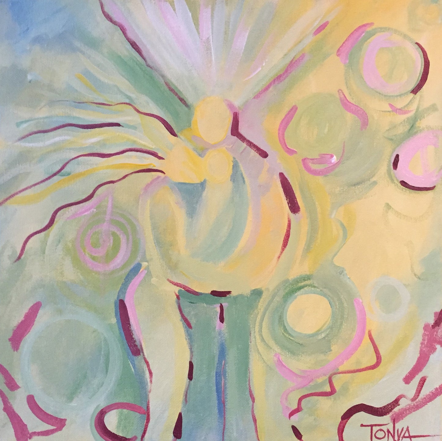 An abstract Personal Energy Portrait of a couple standing in the middle with a child in Pastels colors created by artist Tonya Henderson.