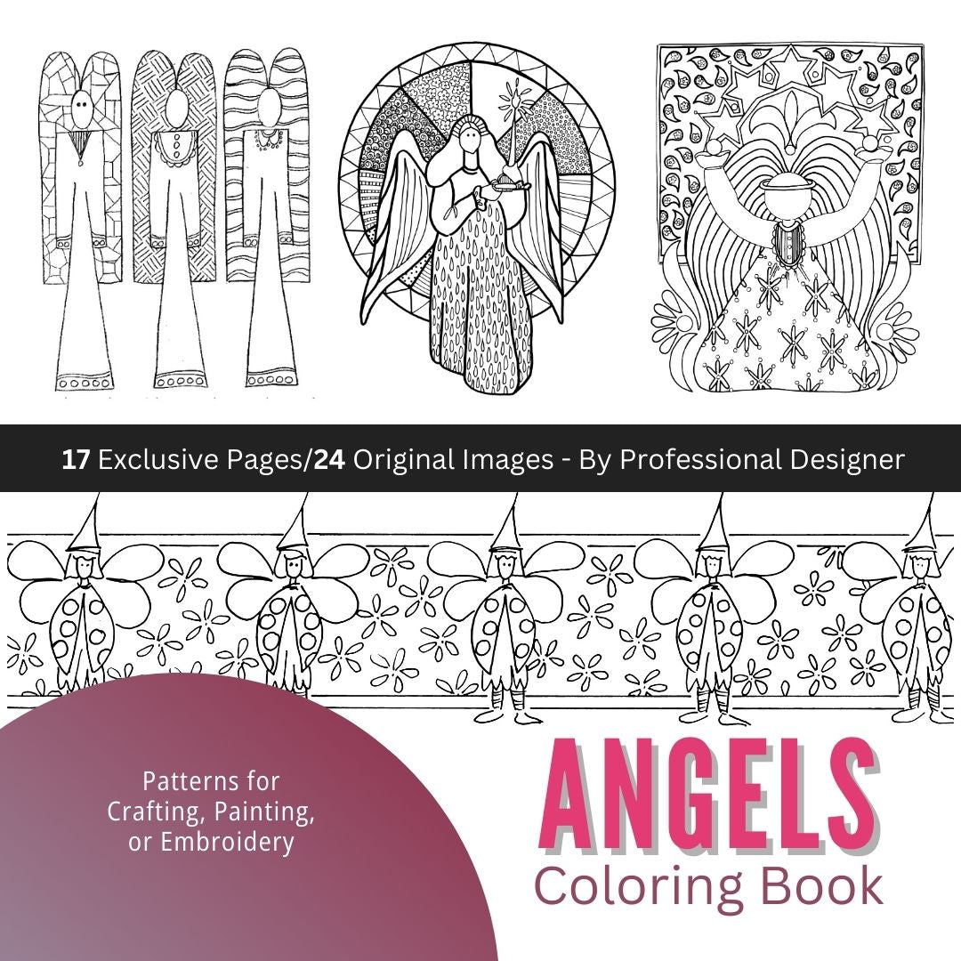 Illustrations of Angels and faries with text "Angels Coloring Book - Patterns for Crafting, Painting, or Embroidery" by Tonya Henderson.