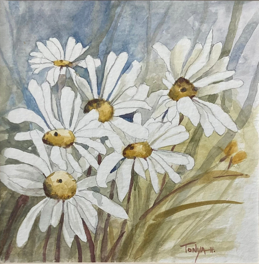 A watercolor painting of white daisies with yellow centers over a blue background by artist Tonya Henderson.