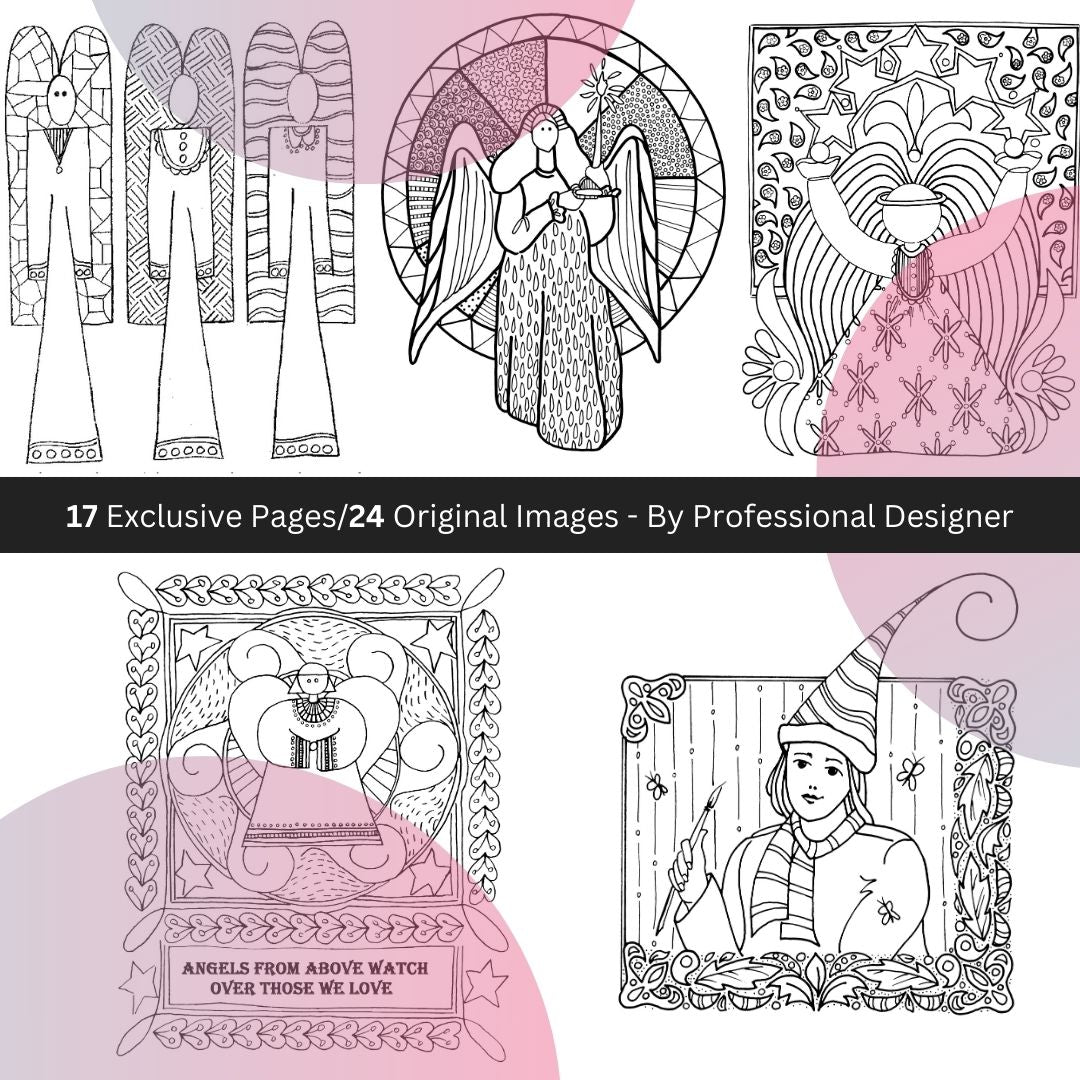 Five ink drawings of angels, elfs, stars and shapes with intricate patterns desinged by artist Tonya Henderson for exclusive coloring book.