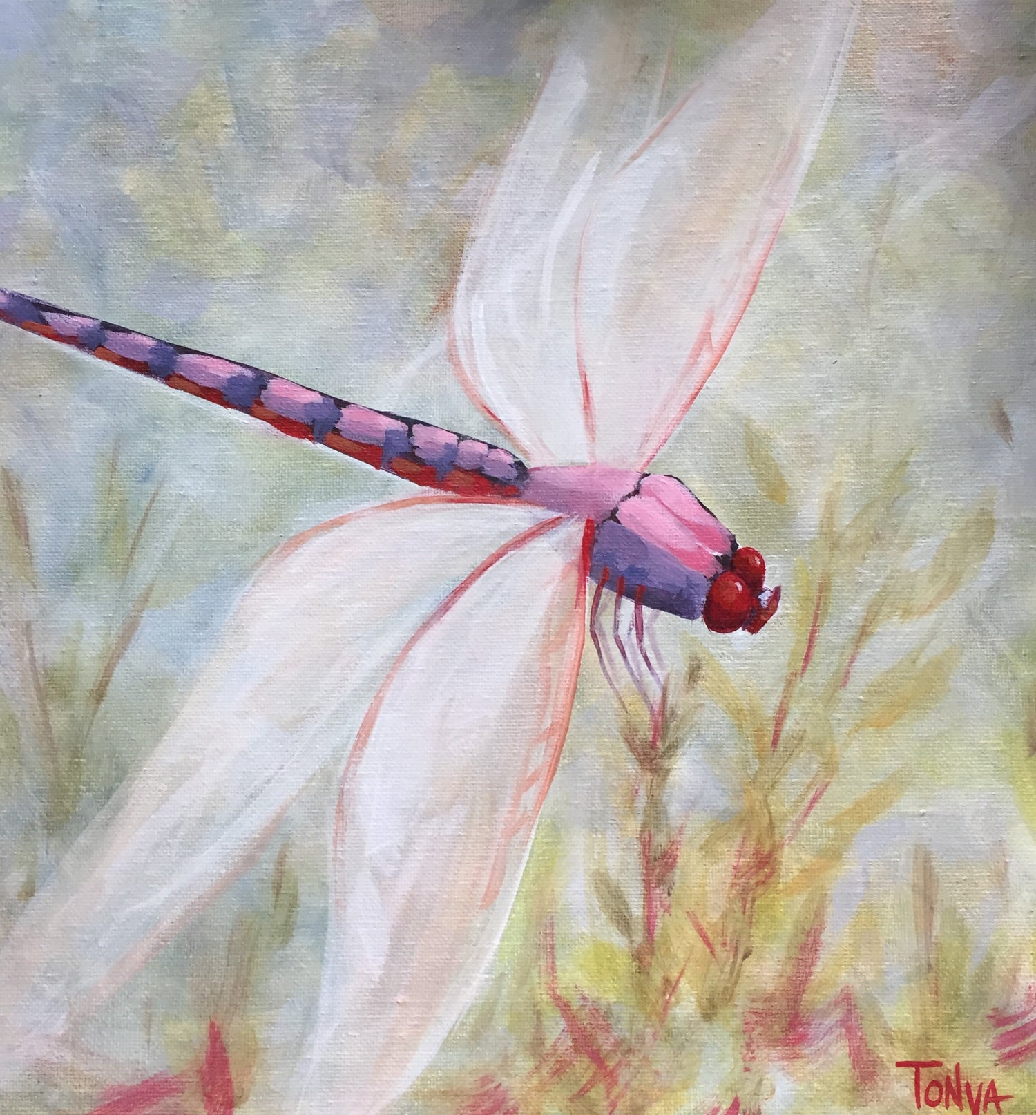 Original acrylic painting in pastel colors of mainly pinks and greens of a dragonfly sitting on a weed by artist Tonya Henderson.
