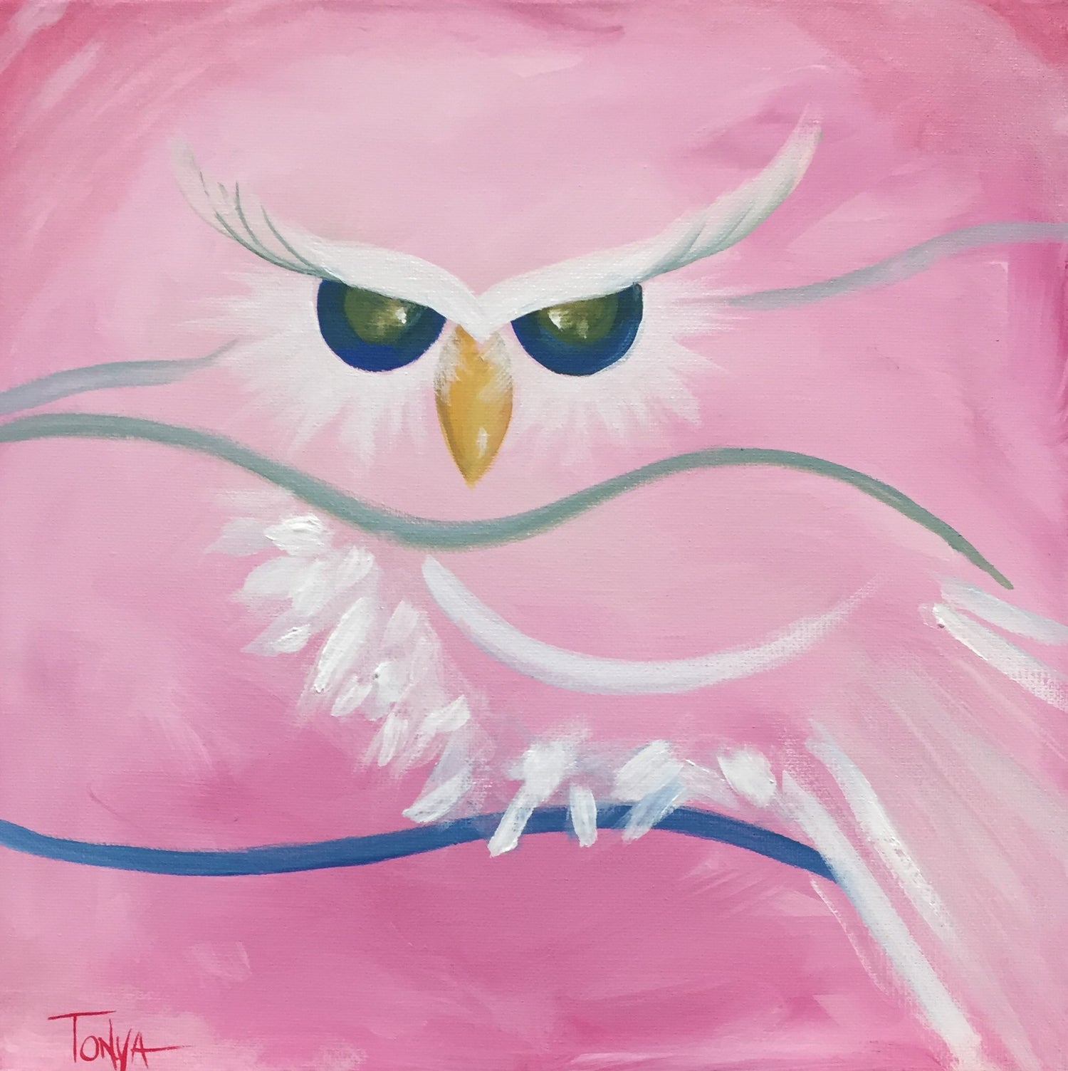 An acrylic painting of an abstract owl over a pink background with waves of blue and green color by visionary artist Tonya Henderson.