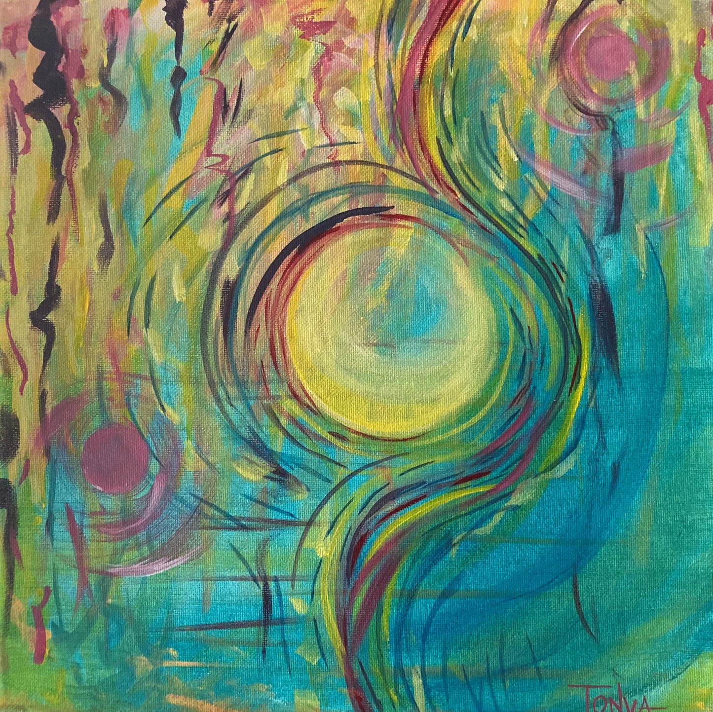 An abstract painting in mainly yellow and teal blue with lines and swirls in dark blue, pink and red.