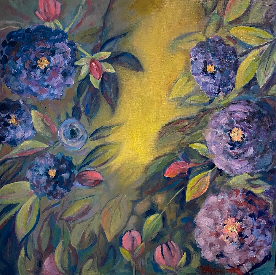 A floral painting with blue and purple flowers and pink buds, with a glowing emerging from the center.