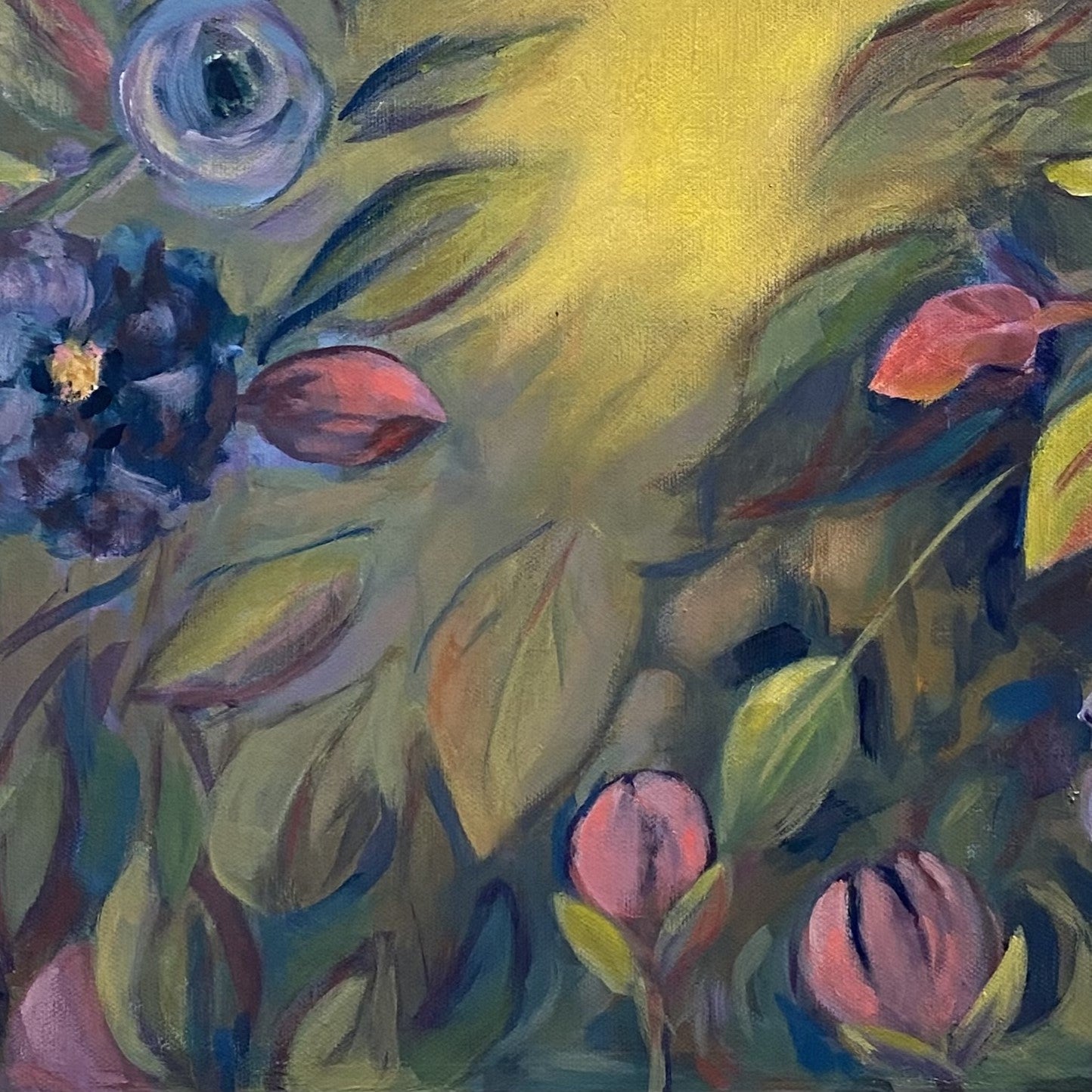 A painting of leaves, pink buds, and blue flowers.