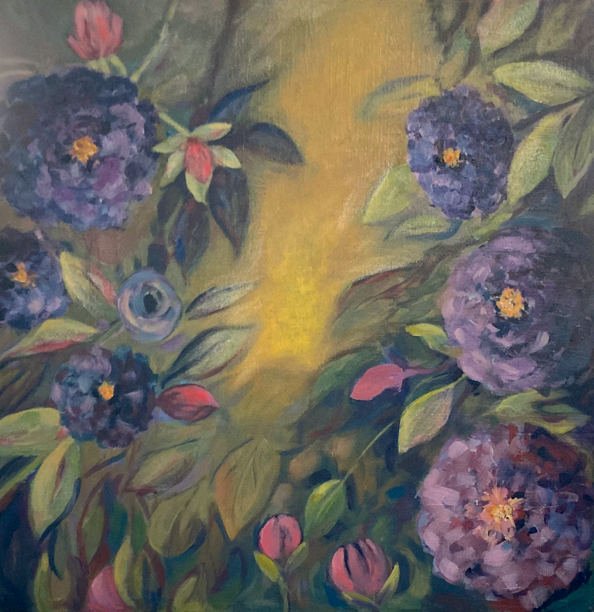 Painting of artistic depiction of violet colored flowers and pink buds with a central yellow light source. By artist Tonya Henderson.