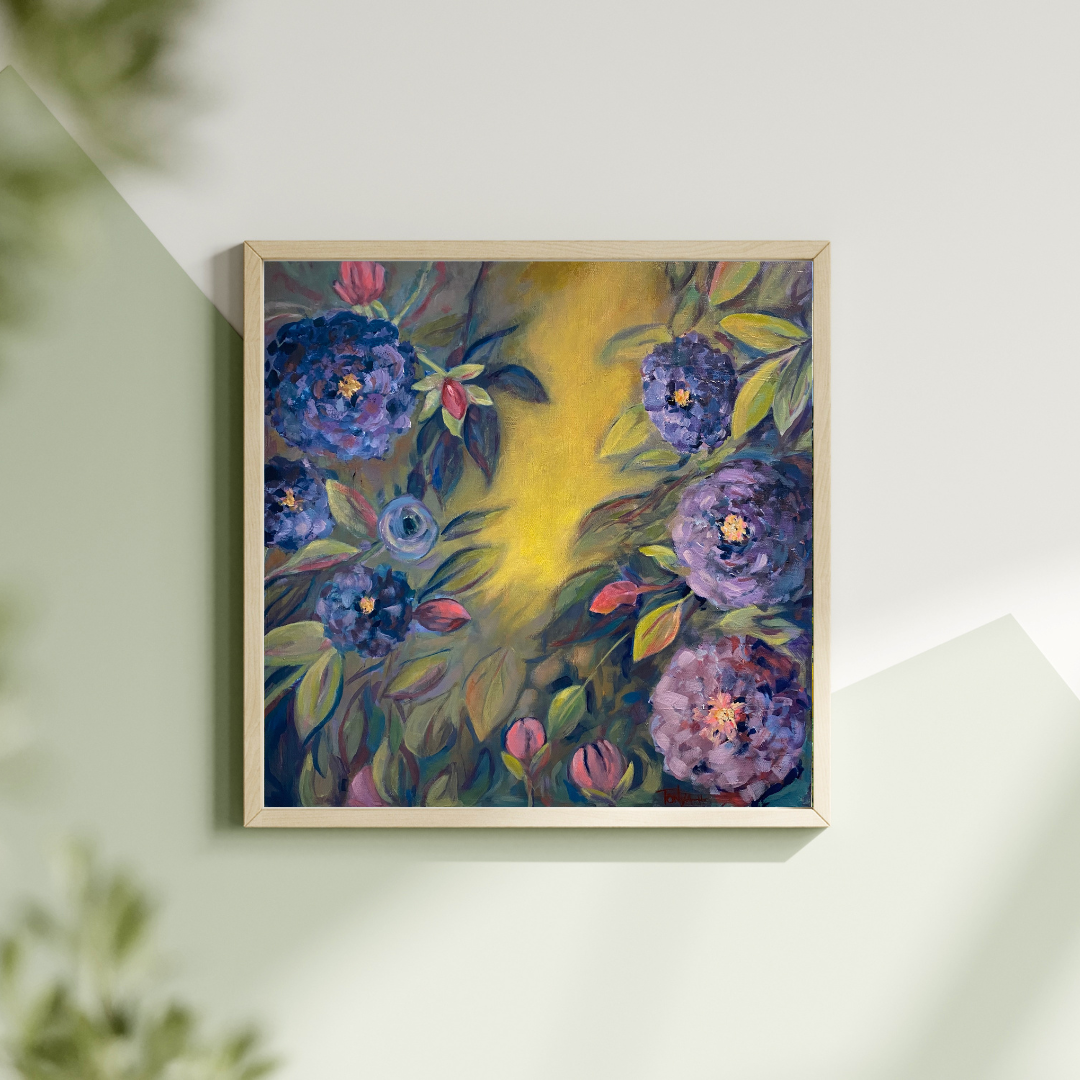 Framed floral painting with blue and purple flowers and pink buds hanging on a light colored wall. By artist Tonya Henderson.