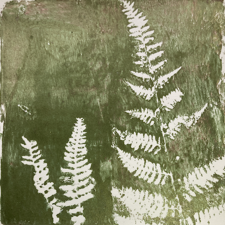 White fern leaves on a textured green background by artist Tonya Henderson.