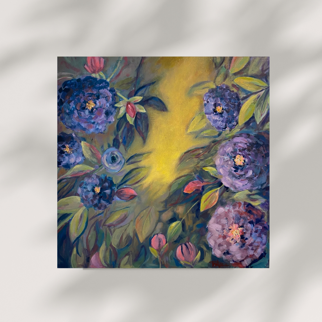 Floral painting with purple flowers, pink buds, and a yellow light source hanging on a grey wall. By artist Tonya Henderson.