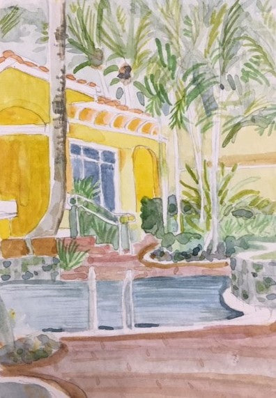 A 5x7 original watercolor painting depicting a poolside landscape with palm trees and a yellow building, set against a clear blue Florida sky by artist Tonya Henderson.