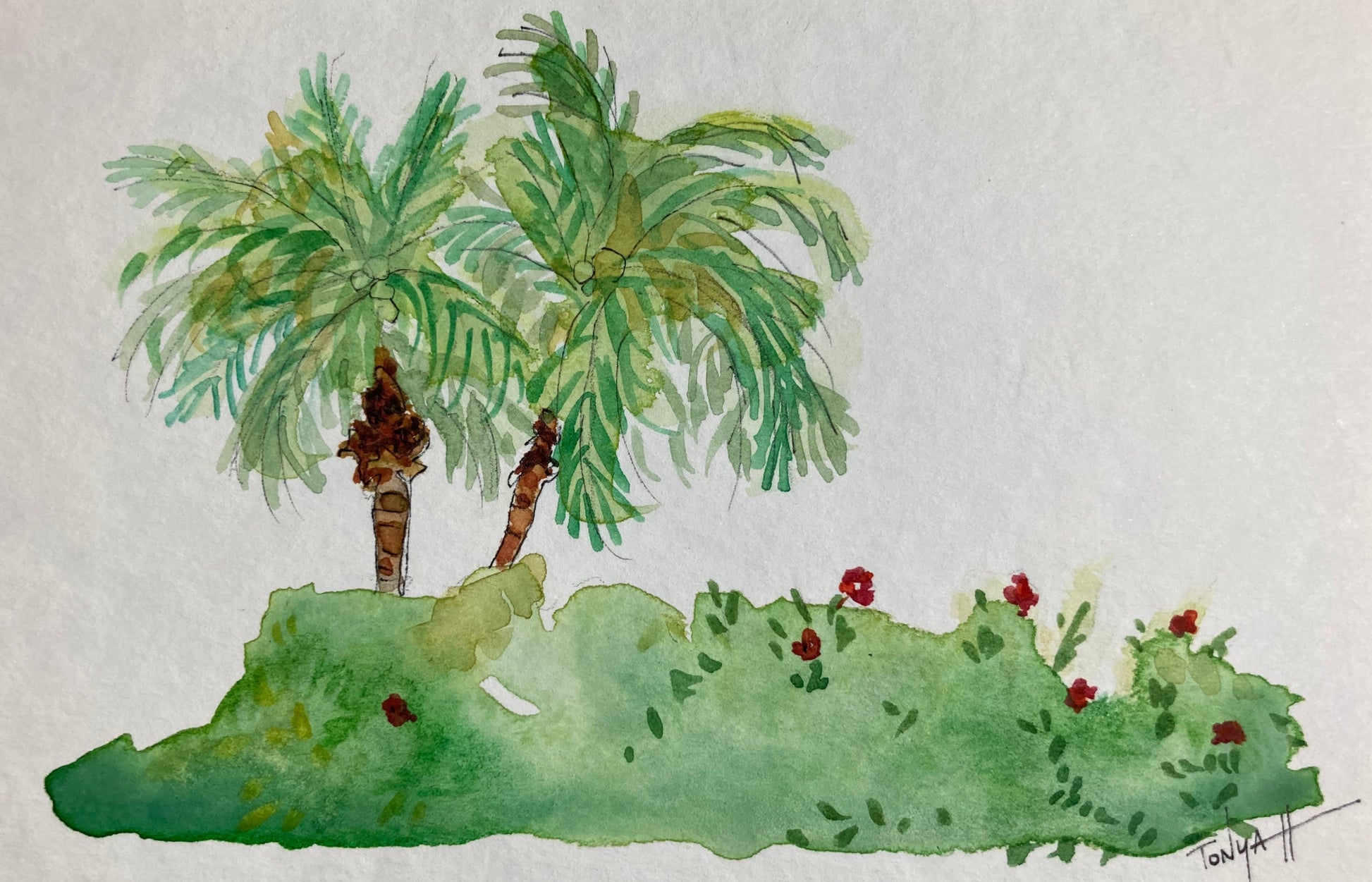 A 4x6 original watercolor painting of palm trees and hibiscus flowers, with vibrant green, brown, and red colors on white paper by artist Tonya Henderson.
