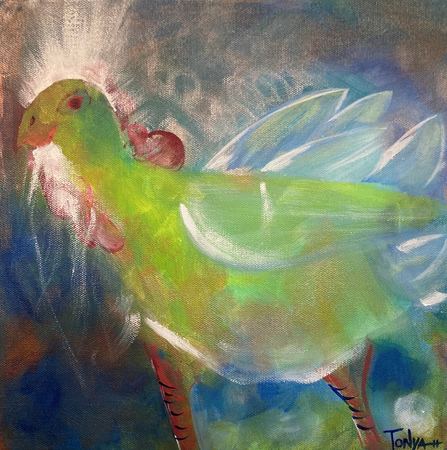 A painting of an unusual looking bird. It has a parrot head with a green body, legs more like a chicken, and strange feather shapes behind it.