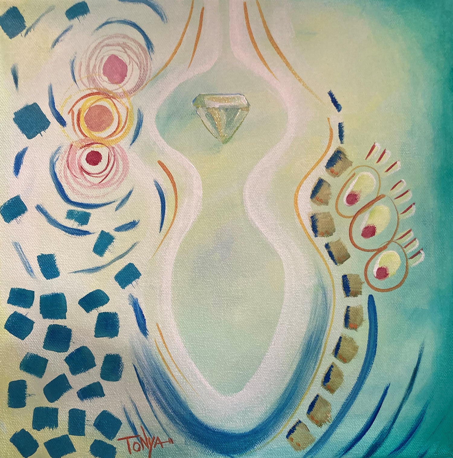 A painting with a vessel shape in the center that looks like it is holding a diamond. To the left and squares of blue and three pink dots. To the right is a line of olive colored squares with happy looking circles.