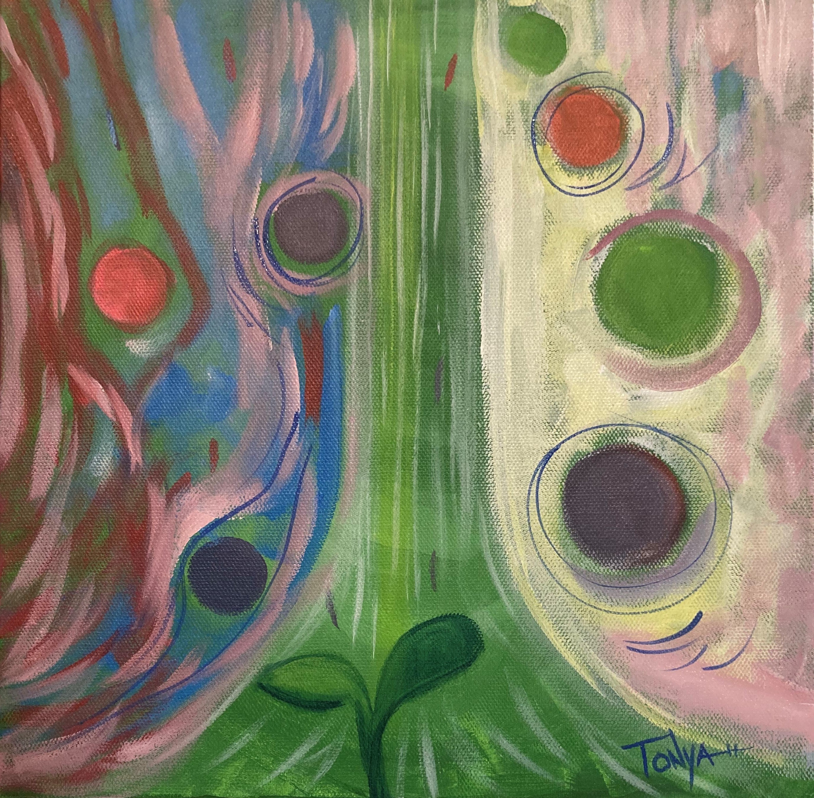 A painting with a green stream of color down the middle and a sapling at the bottom. To the left is swirls of colors & dots, to the right is a calmer yellow & pink with dots.