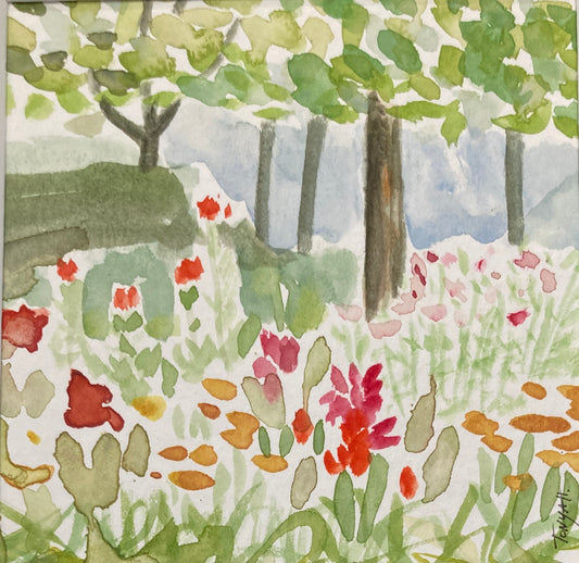 Original watercolor painting depicting a serene garden scene from the botanical garden in Fort Wayne IN with lush greenery and vibrant red flowers and a distant building by artist Tonya Henderson.
