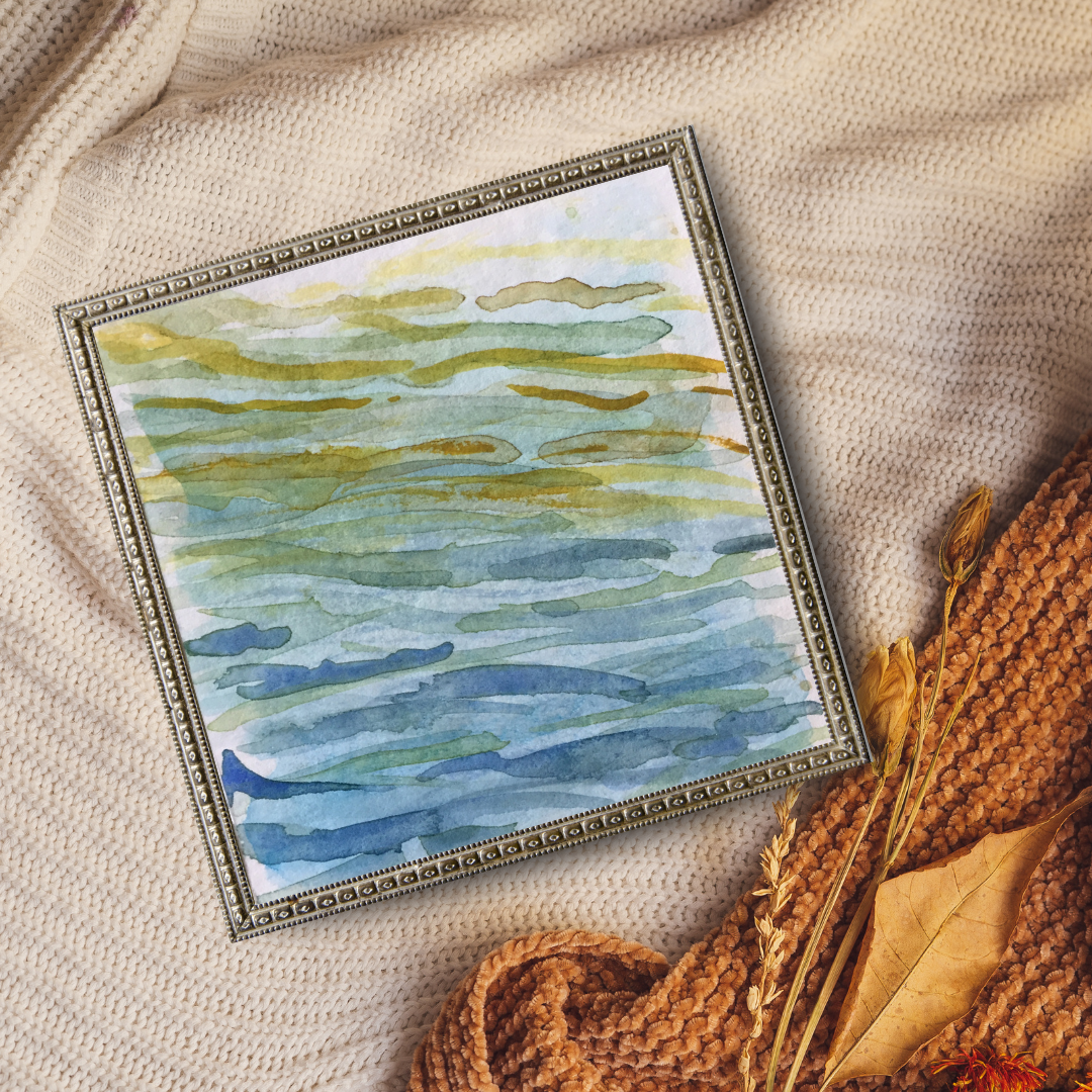 Framed watercolor painting by artist Tonya Henderson of a abstract beach landscape on a textured surface with dried plants.