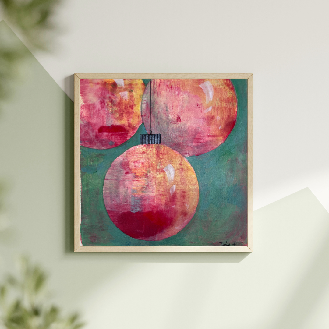 Original acrylic painting of holiday ornaments in red and green color on a white wall by artist Tonya Henderson.