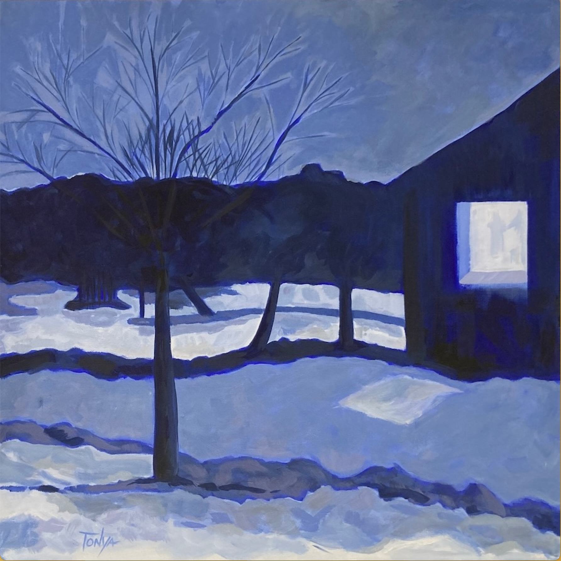 Artistic depiction of a snowy landscape with trees and a building, rendered in blue tones.