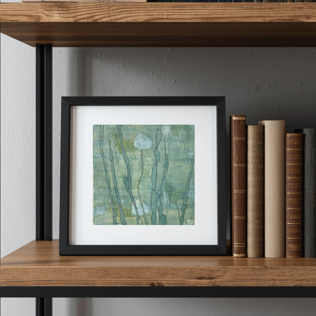 Framed artwork on a wooden shelf with books