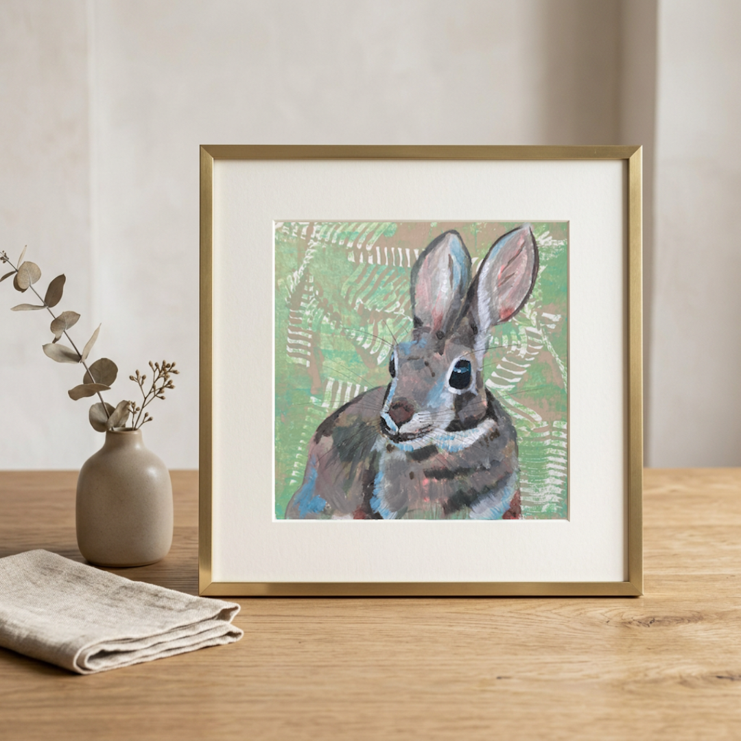Framed artwork of a rabbit on a wooden surface with a vase and cloth in the background.