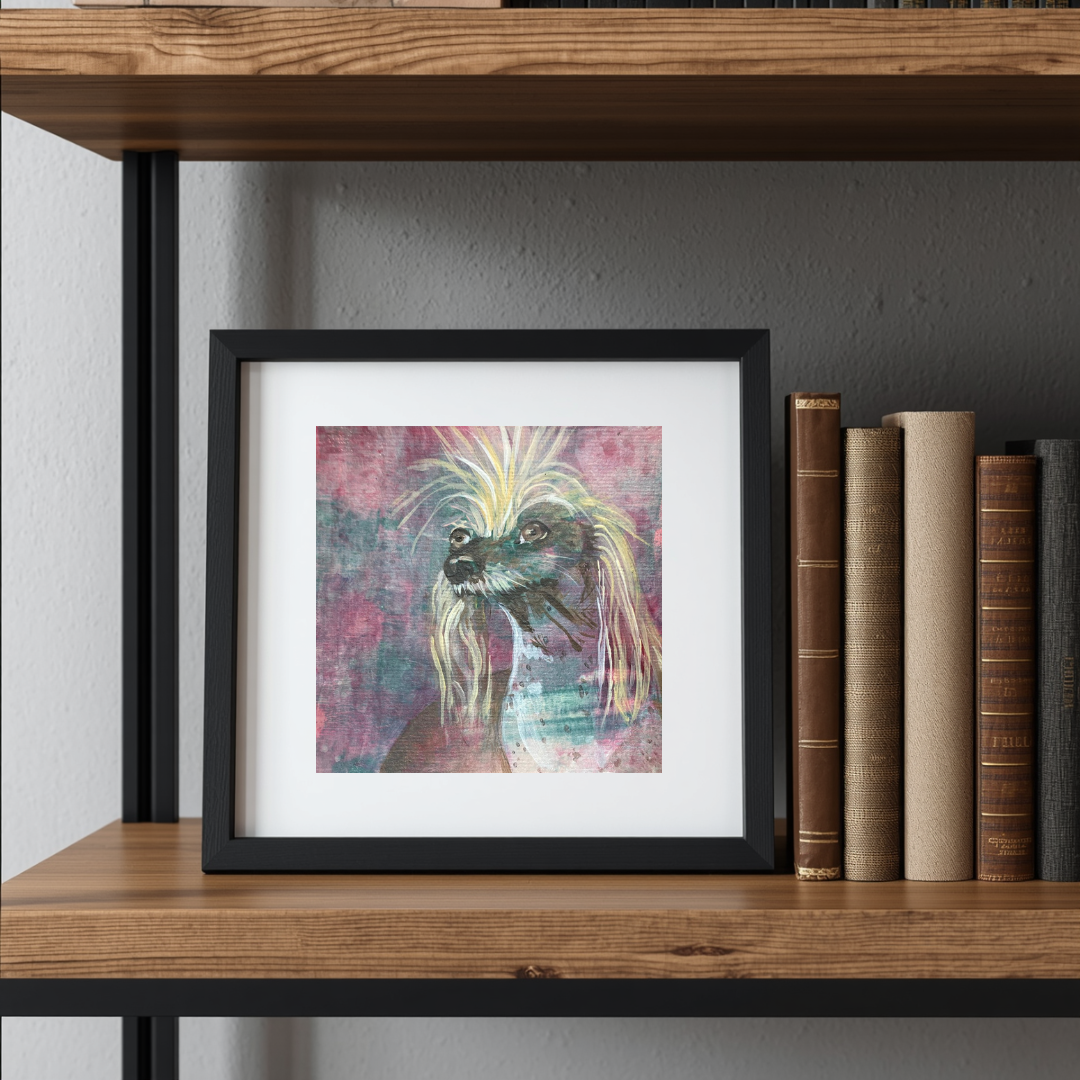 Framed artwork of a colorful dog on a wooden shelf with books