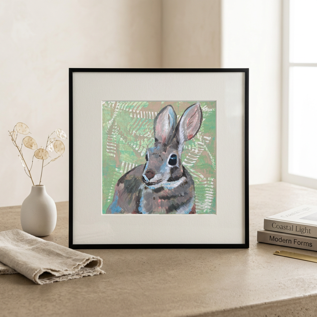 Framed artwork of a rabbit on a table with decor items.