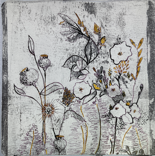 Artistic depiction of flowers on a textured gelli plate printed background with details in pen & ink and highlights of gold. An original painting by Tonya Henderson.