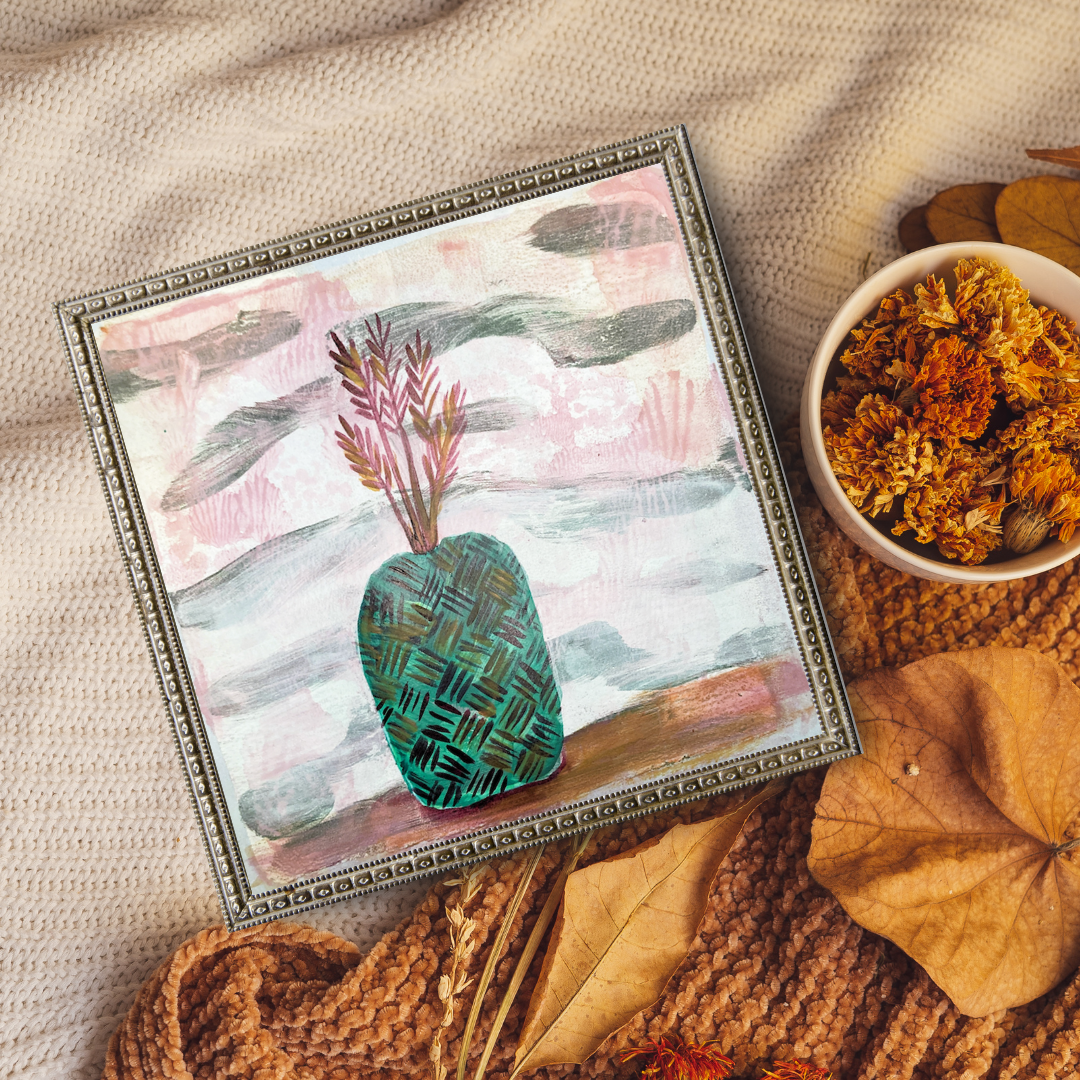 Original acrylic paintig of a green vase sitting in a landscape by artist Tonya Henderson, sittng on a knitted afghan surface with dried flowers and leaves.