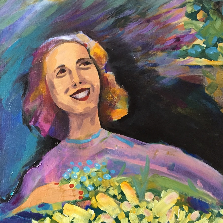 A painting of a woman smilling in a flower shop. Somewhat abstract with purple, blue, and yellows.