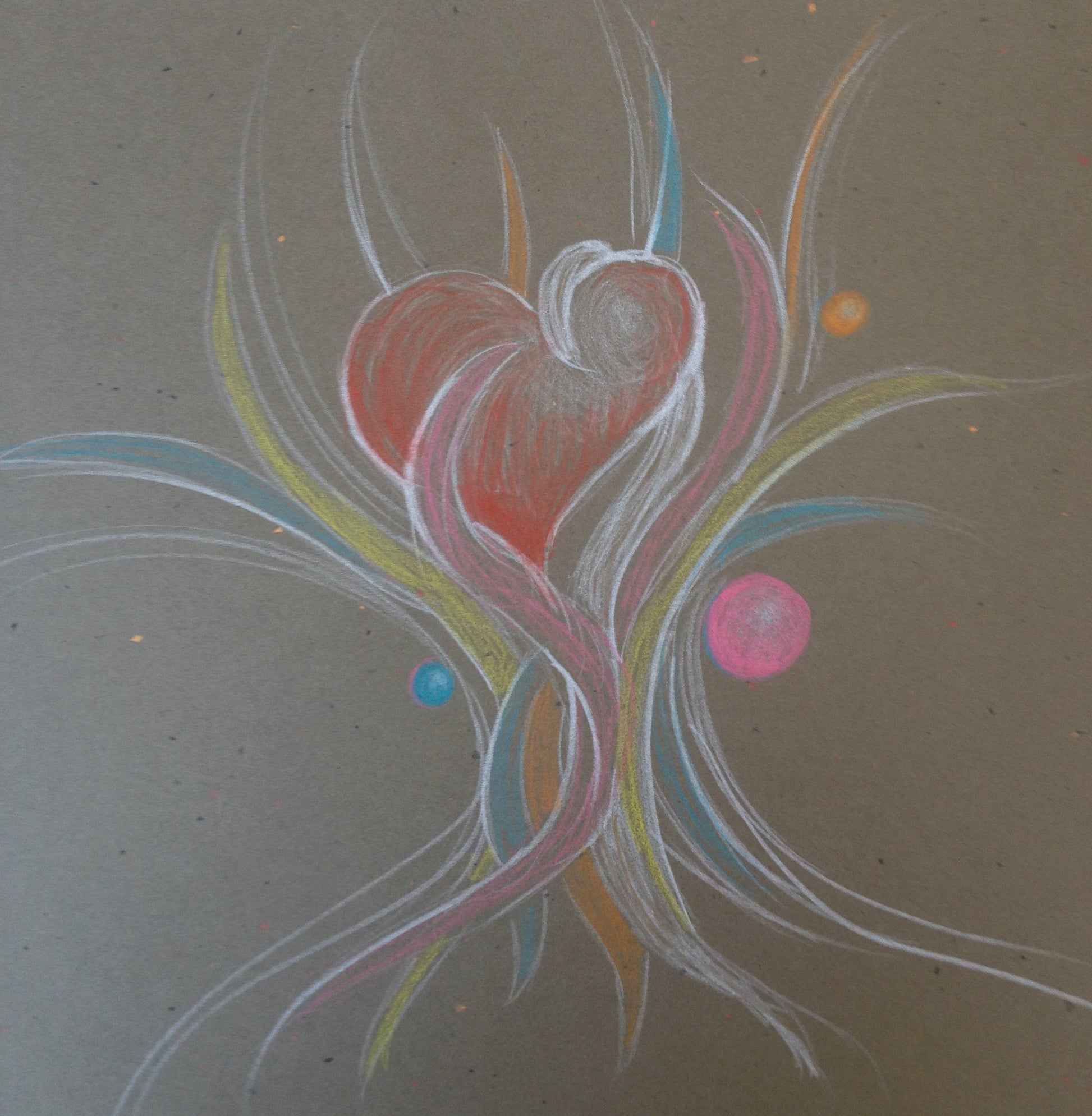An art reading sketch done in colored pencils of shapes that look like a tree whose branches are holding a heart shape, with orbs by visionary artist and psychic Tonya Henderson.