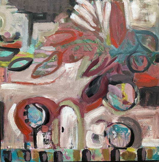 Abstract artwork with colorful flower and leaf shapes with geometric shapes.