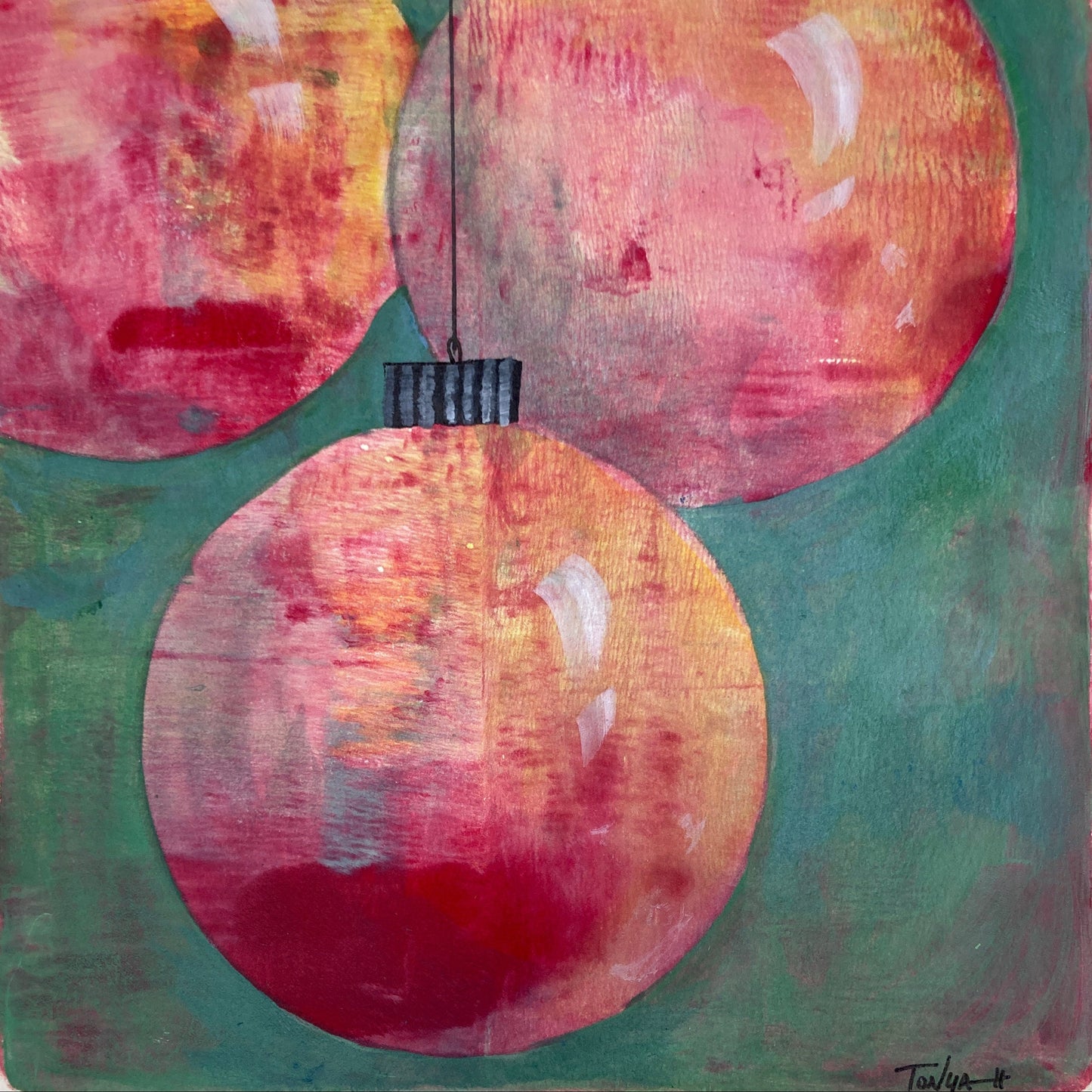 Holiday ornament art piece with circular shapes in red, orange, on a green textured background.