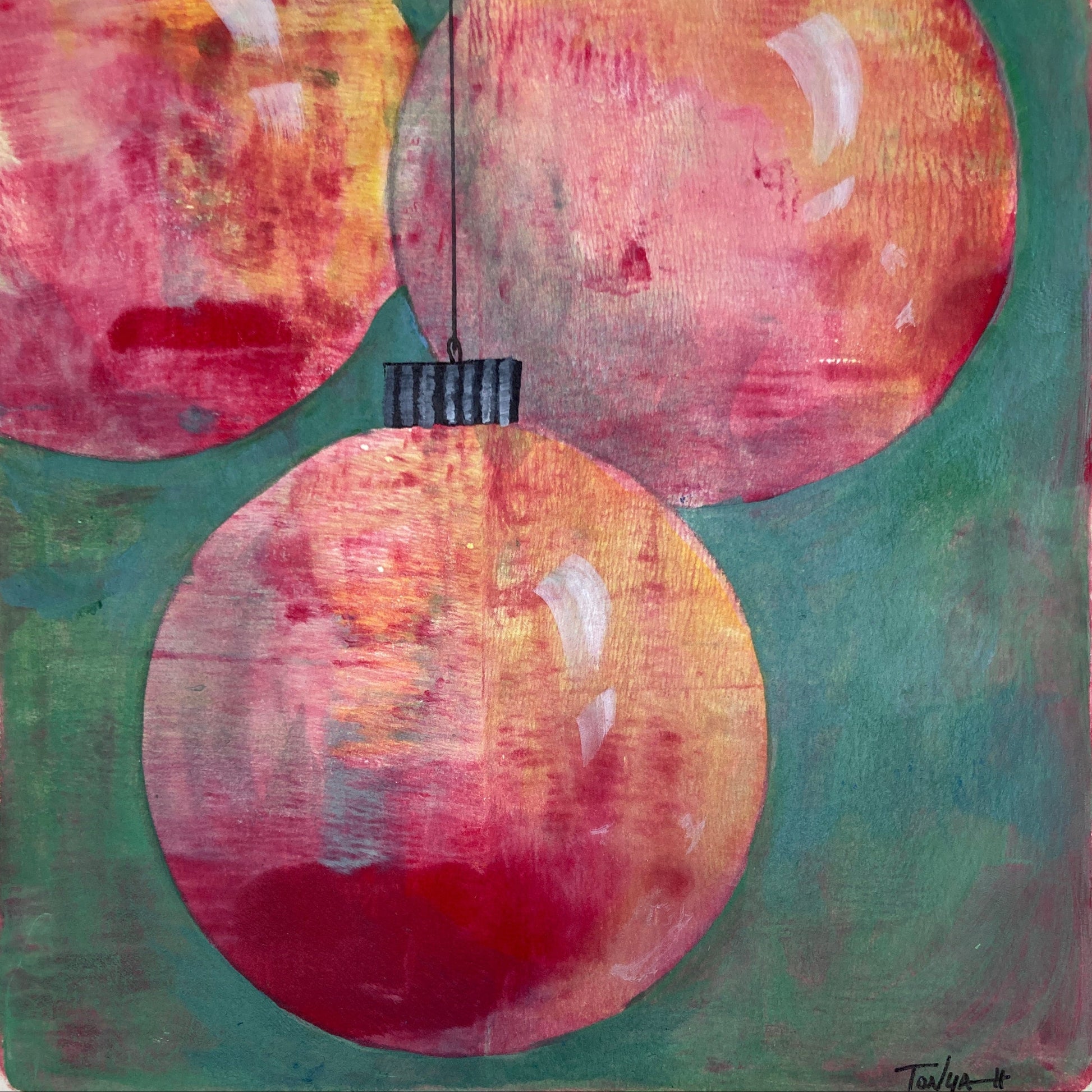 Holiday ornament art piece with circular shapes in red, orange, on a green textured background.