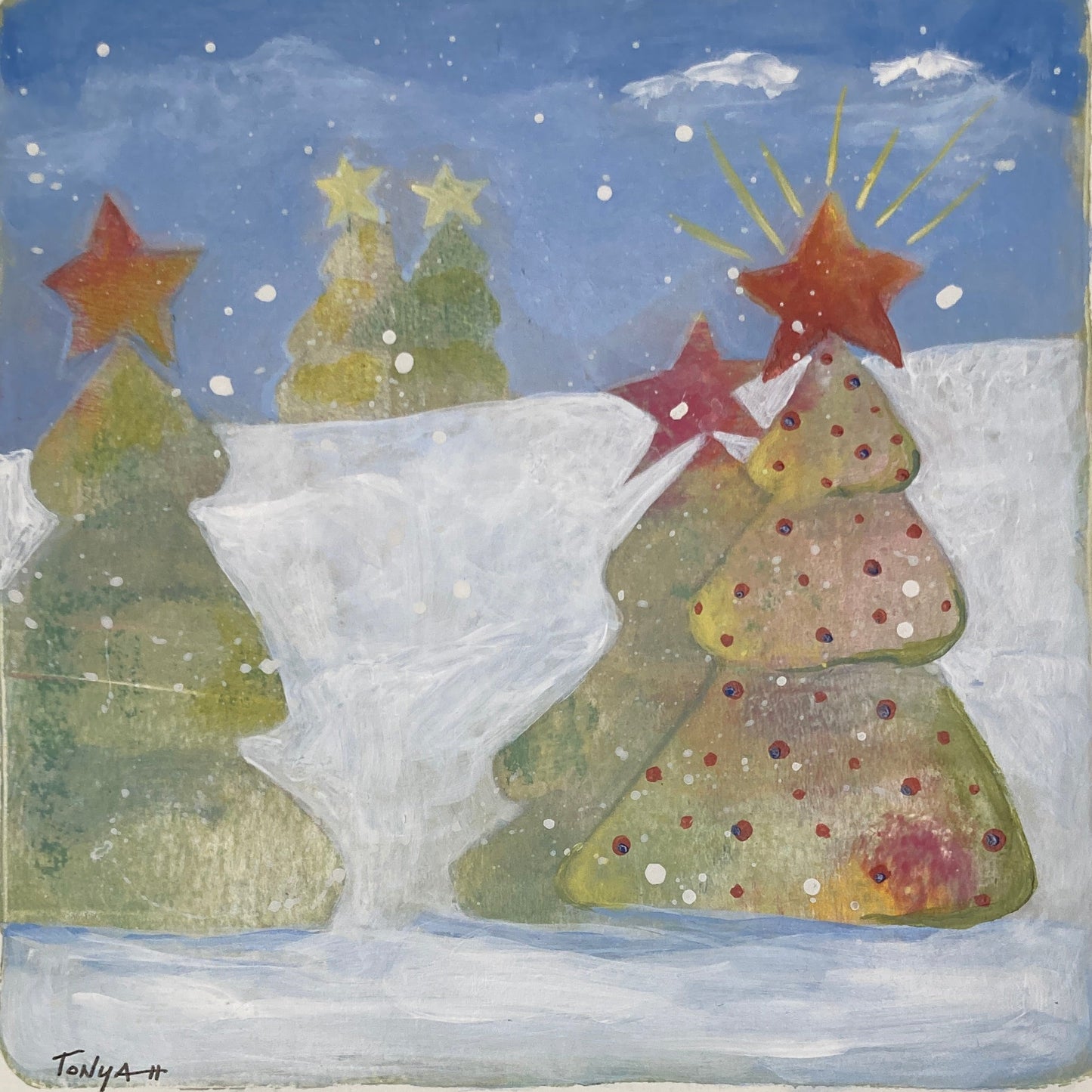 Acrylic painting of holiday trees in a snowy landscape on paper.