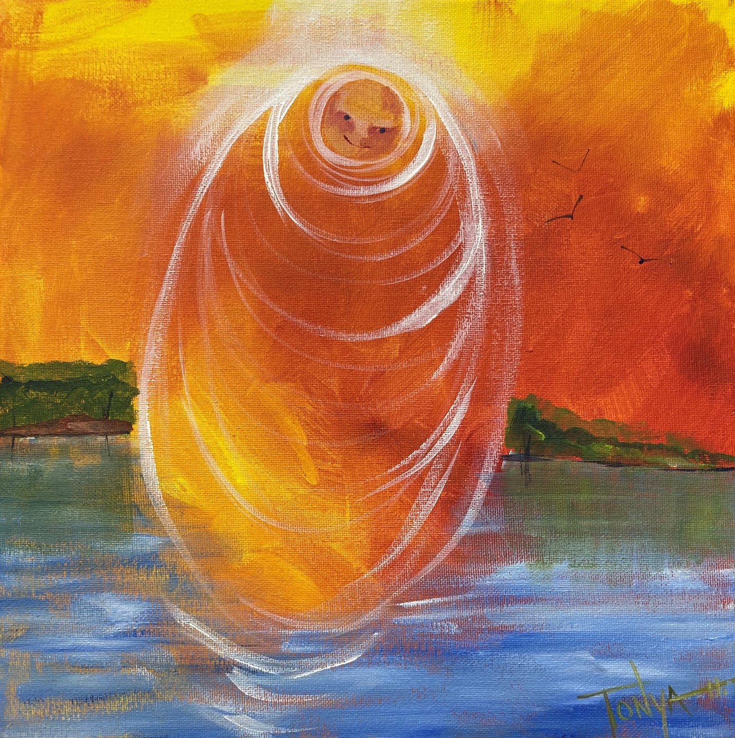 A painting of an orange and yellow sunset over a lake. There is a figure in a cacoon floating over the water and birds flying in the background.