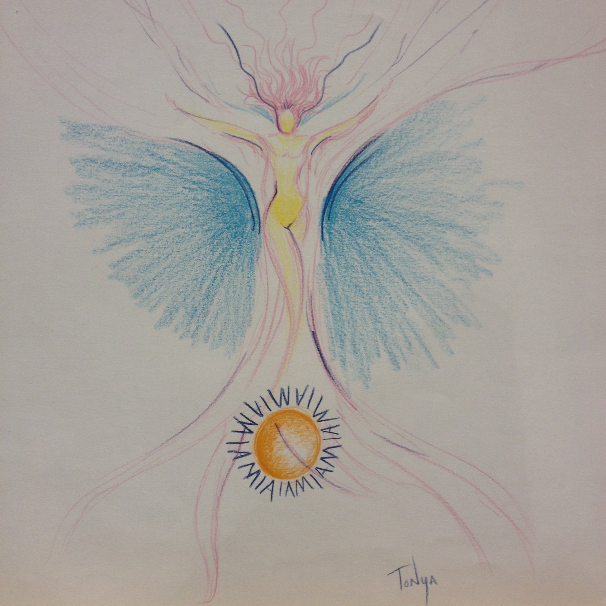 A colored pencil sketch of a womans figure coming out of a tree shape with blue coloring from each side that could be interpreted as wings. There is an orange sphere at the bottom with the words I AM written in a pattern around it.