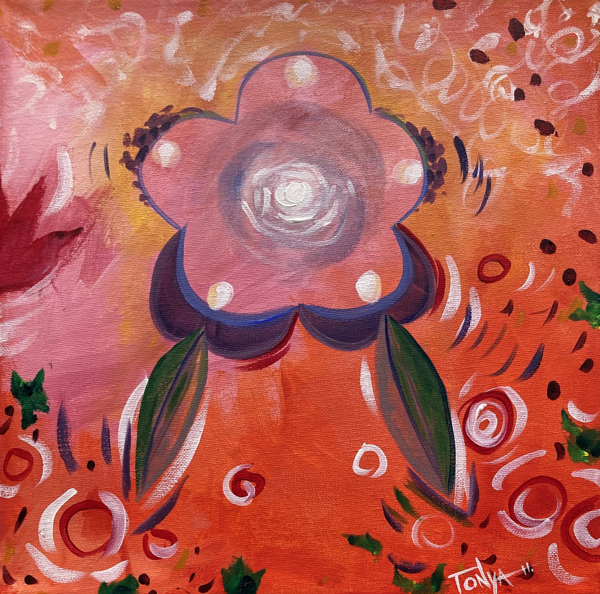 A painting of a pink flower with white dots centered high, with two leaves pointing down. A red bird on the left  with white swirls throughout.