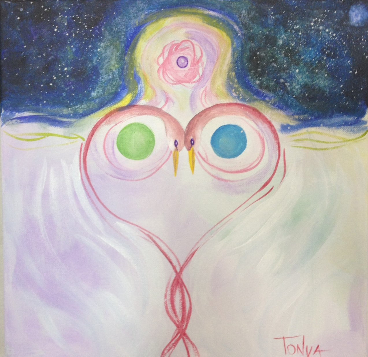 A painting of two intertwined birds whose necks form a heart shape. Each neck curves over a circle. The top of the painting looks like the universe.