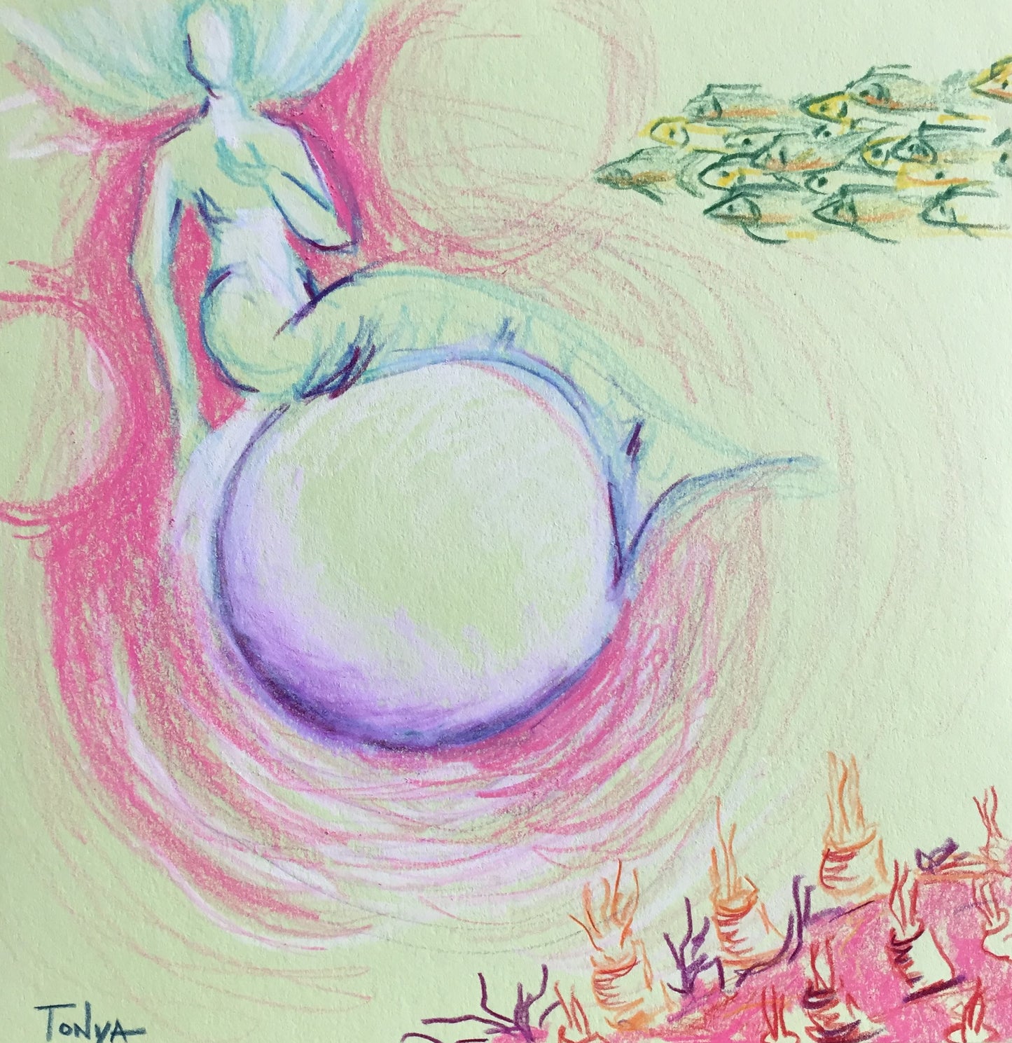 A colored pencil sketch of a mermaid sitting on top of a sphere to the right with sea creatures on the bottom left and a school of fish at the top left.