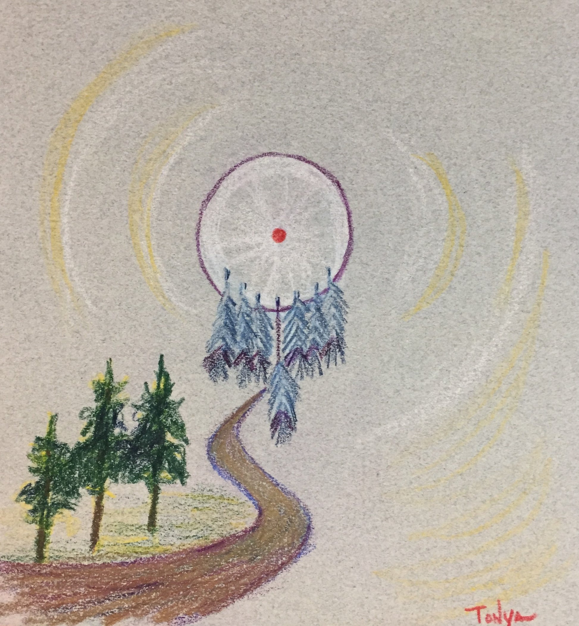 A colored pencil sketch of a wagon wheel shape in the middle with blue and purple feathers hanging from it. There is a path that leads to it with pine trees along it.