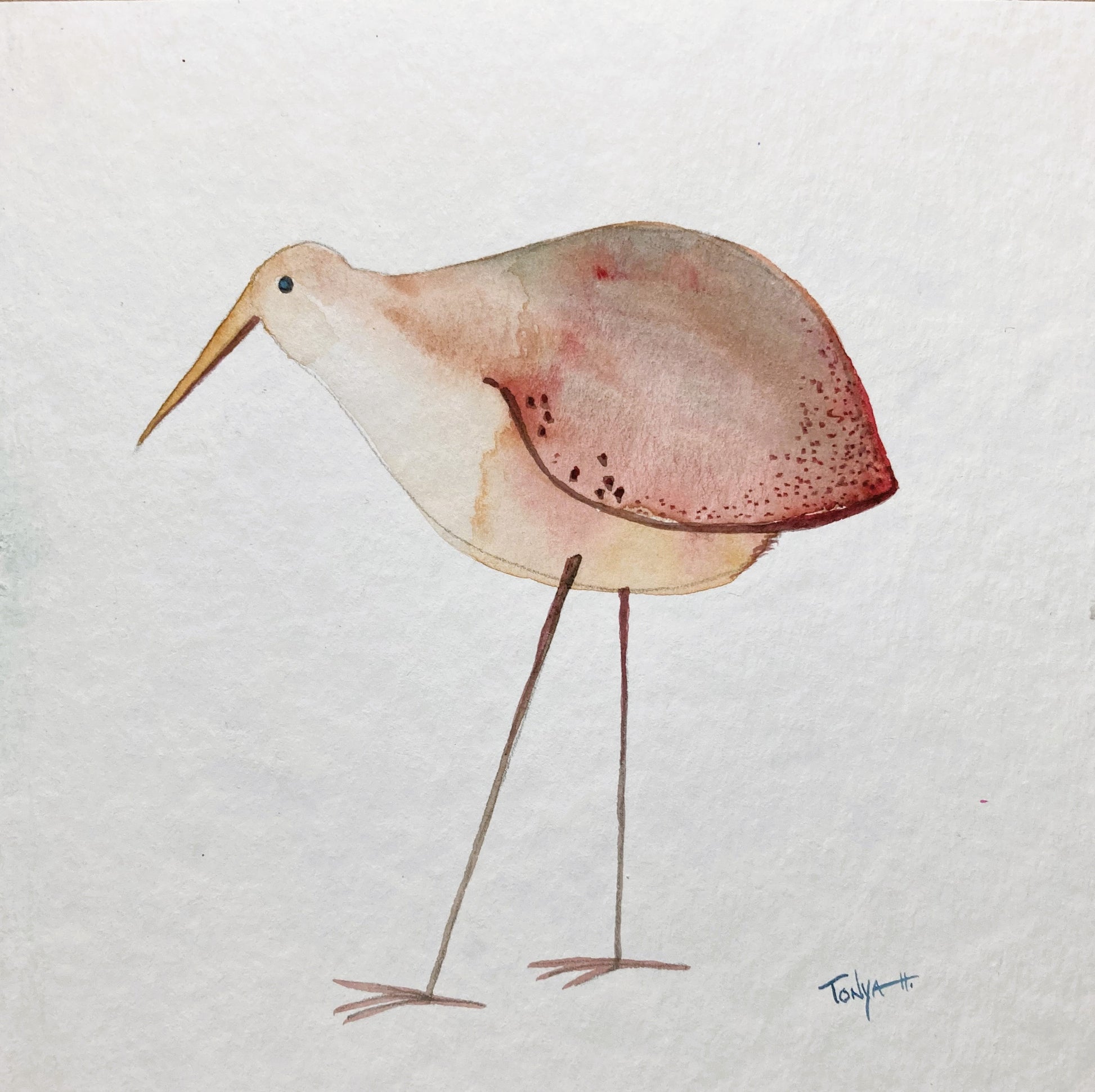 Watercolor painting of long legged beige bird with red tiped wings, red dots, and long beak.