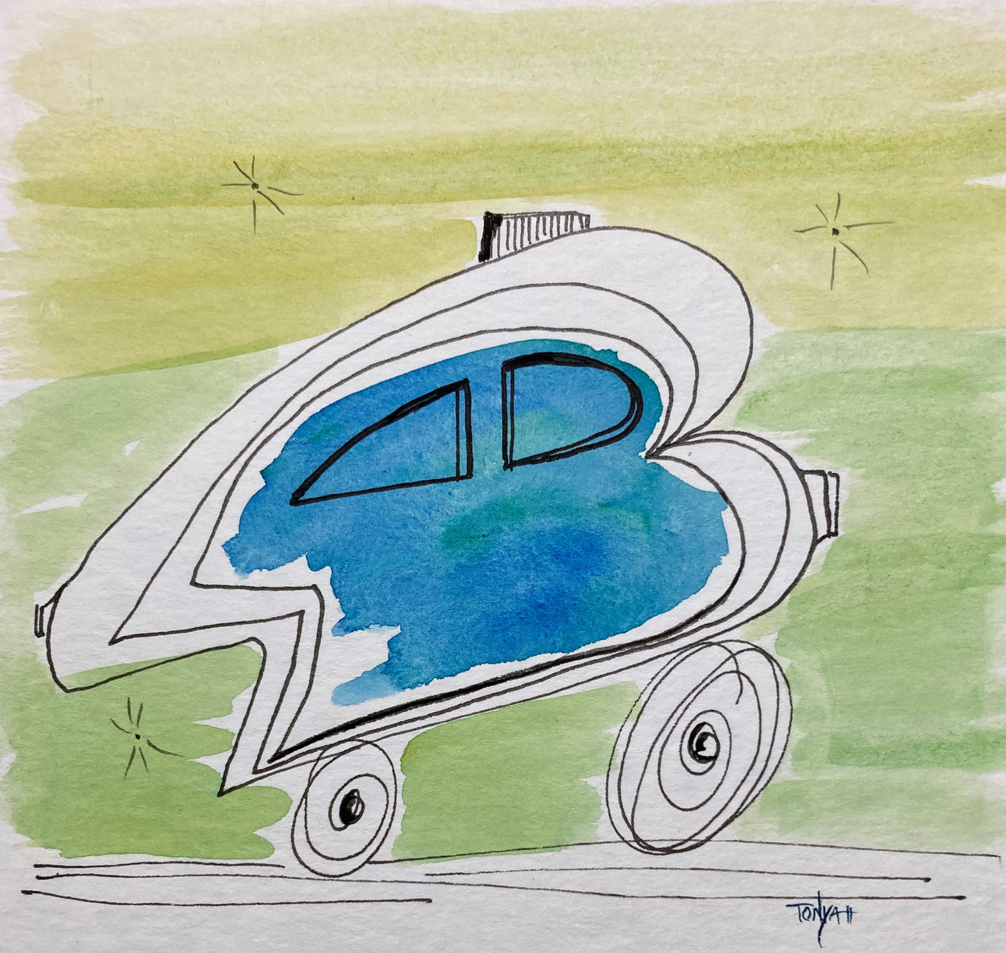 A painting of a vehicle zooming off. It looks like a bus or van and is blue over a green background.